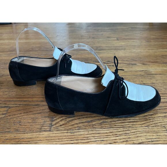 MANOLO BLAHNIK Black White Leather Lace Up Loafer Shoes Women's Size EU 37 - Picture 2 of 8